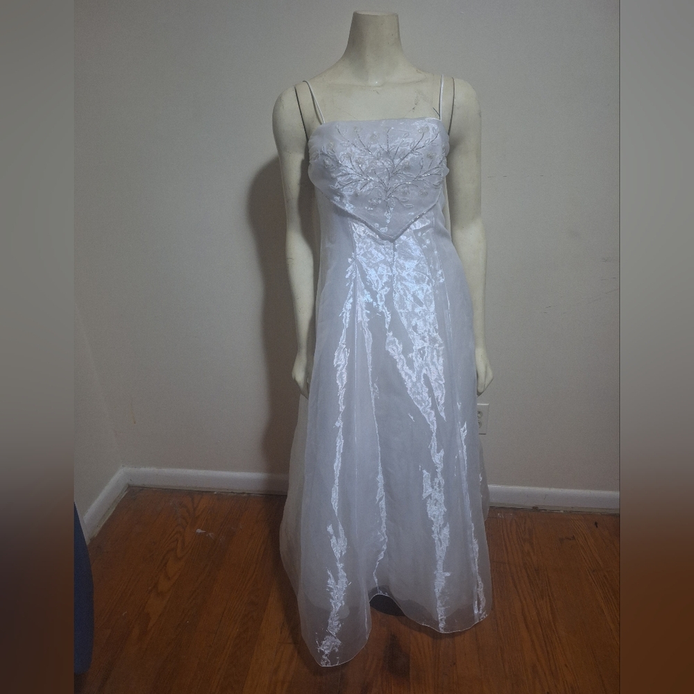 Light Flowy Beaded White Spaghetti strap key hole back Gown